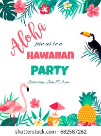 Tropical Floral Poster with toucan and flamingo - for Invitation, Wedding Card