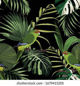 Tropical floral print. Green parrot bird in the jungle, exotic forest, seamless pattern for fashion, wallpaoer and all prints on black backdrop.