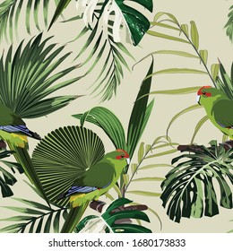 Tropical floral print. Green parrot bird in the jungle exotic forest, seamless pattern for fashion, wallpaoer and all prints on vintage backdrop.