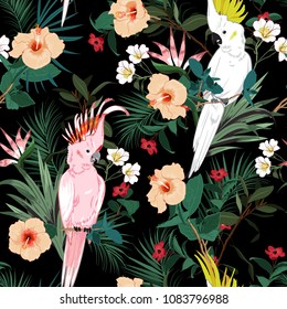 Tropical floral print. Parrot bird in the jungle and flowers in the dark exotic forest  allover design, seamless pattern vector for fashion ,wallpaoer and all prints on black