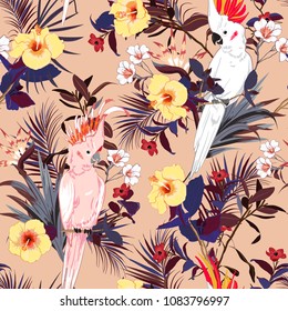 Tropical floral print. Parrot bird in the jungle and flowers in the summer exotic forest  allover design, seamless pattern vector for fashion ,wallpaoer and all prints on pink