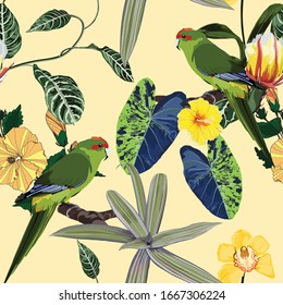 Tropical floral print. Parrot bird in the jungle with flowers in the exotic forest, seamless pattern for fashion, wallpaoer and all prints on yellow backdrop.
