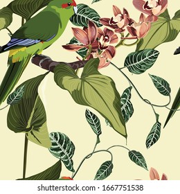 Tropical floral print. Parrot bird in the jungle with orchid flowers in the exotic forest, seamless pattern for fashion, wallpaoer and all prints on vintage yellow backdrop.