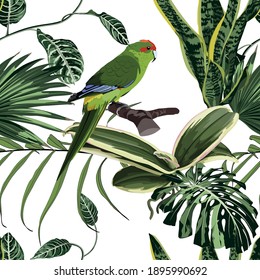 Tropical floral print. Parrot bird in the jungle in the exotic forest, seamless pattern for fashion, wallpaoer and all prints on vintage white backdrop.