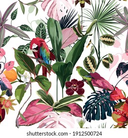 Tropical floral print. Parrot bird in the jungle with colored leaves, fruit and flowers in the dark exotic forest, seamless pattern for fashion, wallpaper and all prints on white backdrop.