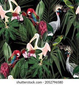 Tropical floral print. Parrot, crane, pelican bird in the jungle in the dark exotic forest, seamless pattern for fashion, wallpaper and all prints on black backdrop.