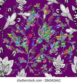 Tropical floral print. Seamless vector on lilac background. 
