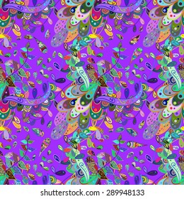 Tropical floral print. Seamless vector on blue and lilac background. 