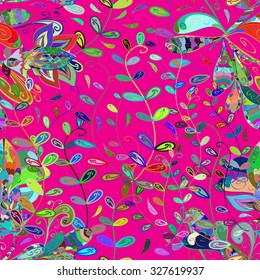Tropical floral print. Seamless vector on lilac and pink background
