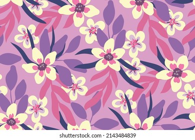 Tropical floral print with simple flowers, tropical foliage, leaves in bouquets. Seamless pattern, painted botanical background with exotic plants in pink, purple colors. Vector.