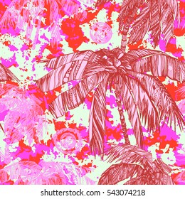 Tropical floral seamless palm trees pattern a camouflage background trendy colors. Graphic painting exotic plants and jungle on a grunge abstract background.