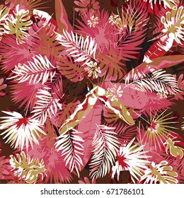 Tropical floral seamless palm trees pattern a camouflage background trendy colors. Graphic painting exotic plants and jungle on a grunge abstract background.