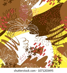 Tropical floral seamless pattern with abstract shapes and tropical leaves . Jungle vector background in autumn brown colors. Trendy abstract illustration.