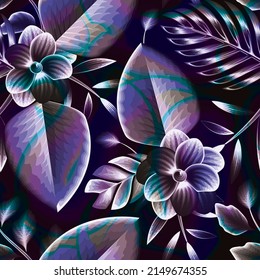 tropical floral seamless pattern. abstract flowers pattern on dark background. Colorful stylish floral. nature plants and foliage white flowers on abstract background. Exotic tropics. Summer design