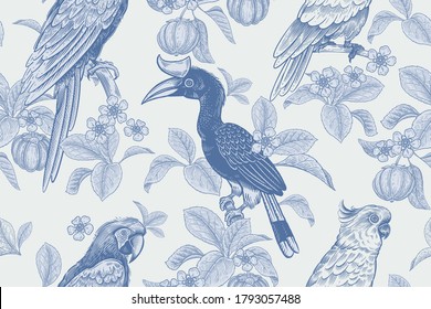 Tropical floral seamless pattern. Background for textile, paper, wallpaper. Tropical leaves and flowers, birds toucans and parrots, exotic fruits. Blue colors. Vector. Vintage.