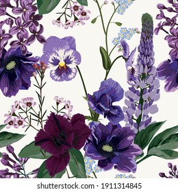 Tropical floral seamless pattern background with exotic dark violet flowers and leaves. Botanical wallpaper illustration in Hawaiian style.