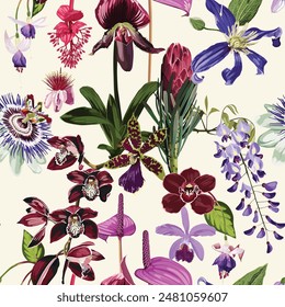 Fondo de patrón sin costura floral tropical con flores oscuras exóticas, hojas de palma, hoja de selva, orquídea, flor de visterias, proteea. Ilustración de Fondo de pantalla botánico en estilo hawaiano.