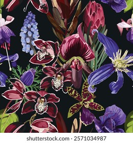 Tropical floral seamless pattern background with exotic dark flowers, palm leaves, jungle leaf, orchid, clematis flower, protea. Botanical wallpaper illustration in Hawaiian style.