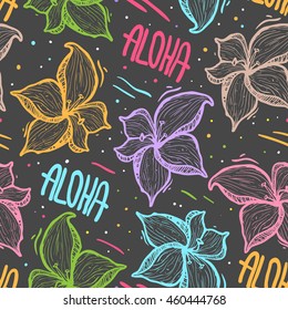 Tropical floral seamless pattern. Background with hawaiian flowers and text aloha. 