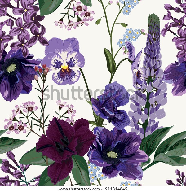 Botanical wallpaper illustration in Hawaiian style. Tropical floral seamless pattern background with exotic dark violet flowers and leaves. 