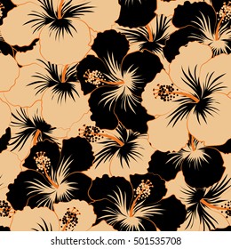 Tropical floral seamless pattern with beige and black hibiscus flowers. Floral vector seamless pattern.