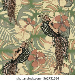 Tropical floral seamless pattern. Birds and flowers vector. Palm leaves, exotic stylized birds and hibiscuses background.