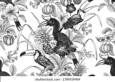 Tropical floral seamless pattern. Black and white background for textile, paper, wallpaper. Exotic tropical leaves and flowers hibiscus, birds parrots and toucans, pineapples. Vector. Vintage.