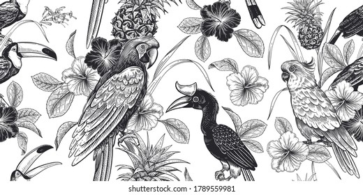 Tropical floral seamless pattern. Black and white background for textile, paper, wallpaper. Exotic tropical leaves and flowers hibiscus, birds parrots and toucans, pineapples. Vector. Vintage.