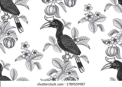 Tropical floral seamless pattern. Black and white background for textile, paper, wallpaper. Tropical leaves and flowers, birds toucans, exotic fruits. Vector. Vintage.