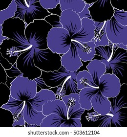 Tropical floral seamless pattern with black, violet and beige hibiscus flowers. Floral vector seamless pattern.