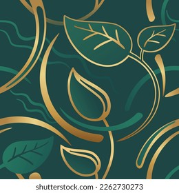 Tropical floral seamless pattern with branches and leaves. Modern background in dark green and golden gradients