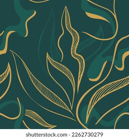 Tropical floral seamless pattern with branches and leaves. Modern background in dark green and golden color