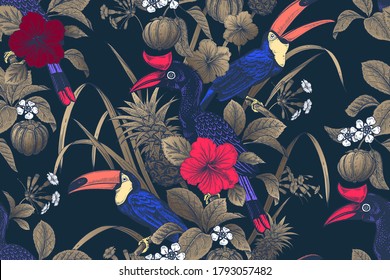 Tropical floral seamless pattern. Bright tropical birds, flowers, fruits, golden leaves on black background. Exotic nature. Vector illustration. Vintage. Luxury summer design for Hawaiian shirts.