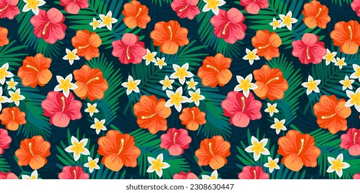 Tropisches, nahtloses Muster mit hellem Hibiskus, weißem, gelbem Frangipani und dunklem Farn Blätter Hintergrund-Illustration. Stoffdesign im hawaii-Stil