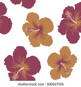 Tropical floral seamless pattern with brown, purple and beige hibiscus flowers. Floral vector on a white background.