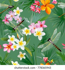 Tropical Floral Seamless Pattern with Dragonflies. Botanical Background with Palm Tree Leaves and Exotic Flowers for Wallpapers and Fabric. Vector illustration
