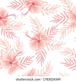 Tropical floral seamless pattern with exotic palm leaves. Trendy summer print with hibiscus and orchid flowers.