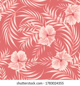 Patrón tropical floral sin soldadura con hojas de palmera exóticas. Impresión de verano de moda con hibiscos y flores de orquídea.