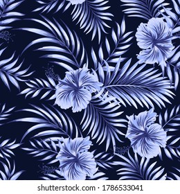 Tropical floral seamless pattern with exotic palm leaves. Trendy summer print with hibiscus flowers.