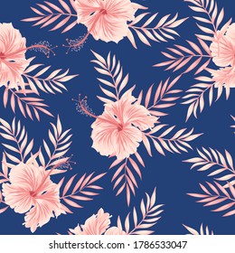 Tropical floral seamless pattern with exotic palm leaves. Trendy summer print with hibiscus flowers.