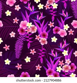 patrón floral tropical sin costuras. flores exóticas. plumeria, frangipani, ave del paraíso, palmera, hibisco. bien para tela, vestido, moda, textil, papel pintado, etc.