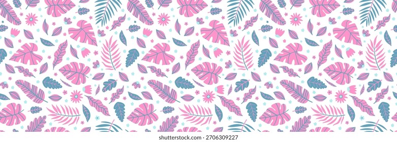 Tropical floral seamless pattern with exotic leaves and flowers. Seamless jungle design for fabric, wallpaper. Vibrant botanical illustration with palm foliage, perfect summer print. Vector background
