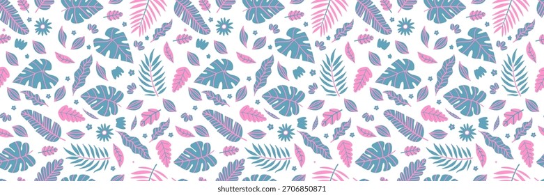 Patrón sin fisuras floral tropical con hojas y flores exóticas. Diseño de la selva sin fisuras para la tela, Fondo de pantalla. Vibrante ilustración botánica con follaje de palma, impresión de verano perfecto. Vector de fondo