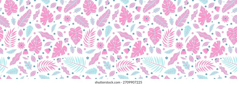 Tropisches florales, nahtloses Muster mit exotischen Blättern und Blumen. Nahtloses Dschungeldesign für Stoff, Tapete. Lebendige botanische Illustration mit Palmblättern, perfekter Sommerdruck. Vektorhintergrund