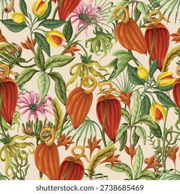 Tropical floral seamless pattern with exotic botanical flowers, lush green leaves and decorative seed pods. Rich vintage illustration style with detailed painting texture creates a warm jungle atmosphere. Perfect for luxury wallpaper, textile, fashion prints and interior decor.
