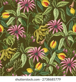 Tropical floral seamless pattern with exotic botanical flowers, lush green leaves and decorative seed pods. Rich vintage illustration style with detailed painting texture creates a warm jungle atmosphere. Perfect for luxury wallpaper, textile, fashion prints and interior decor.