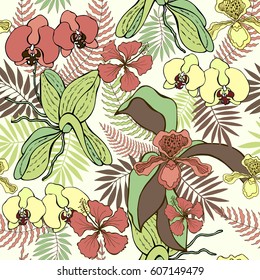 Tropical floral seamless pattern. Exotic jungle flower background. Orchid, hibiscus and palm leaves. Pink and green.