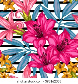 Tropical floral seamless pattern. Tropical flowers and leaves on geometric background