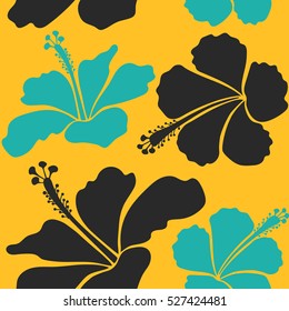 Tropical floral seamless pattern with gray, yellow, beige and blue hibiscus flowers. Vector illustration. Floral vector seamless pattern.