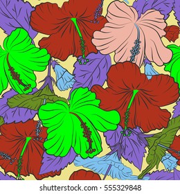 Tropical floral seamless pattern with green, violet and pink hibiscus flowers. Vector illustration. Floral vector seamless pattern.